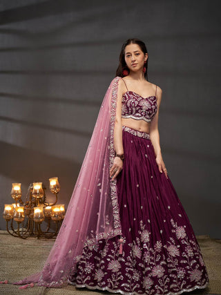 Silver-Golden Sequin,Thread & Coding Embroiderey Pure Chiffon Semi-Stitched Lehenga Choli