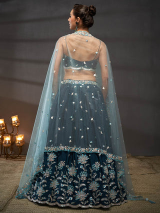 Silver-Golden Sequin,Thread & Coding Embroiderey Pure Chiffon Semi-Stitched Lehenga Choli