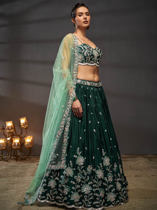 Silver-Golden Sequin,Thread & Coding Embroiderey Pure Chiffon Semi-Stitched Lehenga Choli