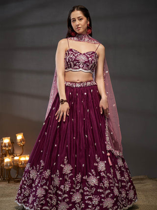 Silver-Golden Sequin,Thread & Coding Embroiderey Pure Chiffon Semi-Stitched Lehenga Choli