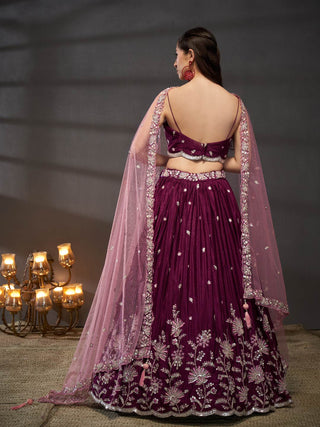 Silver-Golden Sequin,Thread & Coding Embroiderey Pure Chiffon Semi-Stitched Lehenga Choli