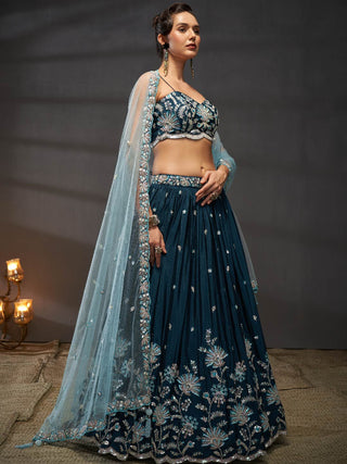 Silver-Golden Sequin,Thread & Coding Embroiderey Pure Chiffon Semi-Stitched Lehenga Choli