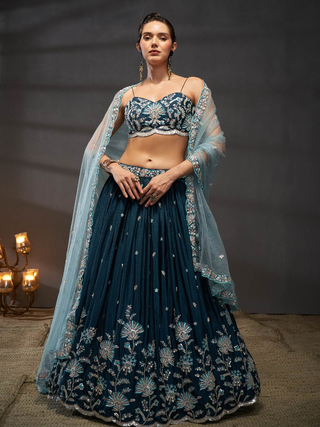 Silver-Golden Sequin,Thread & Coding Embroiderey Pure Chiffon Semi-Stitched Lehenga Choli