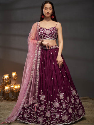 Silver-Golden Sequin,Thread & Coding Embroiderey Pure Chiffon Semi-Stitched Lehenga Choli