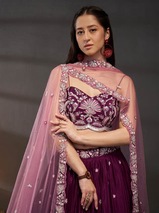 Silver-Golden Sequin,Thread & Coding Embroiderey Pure Chiffon Semi-Stitched Lehenga Choli