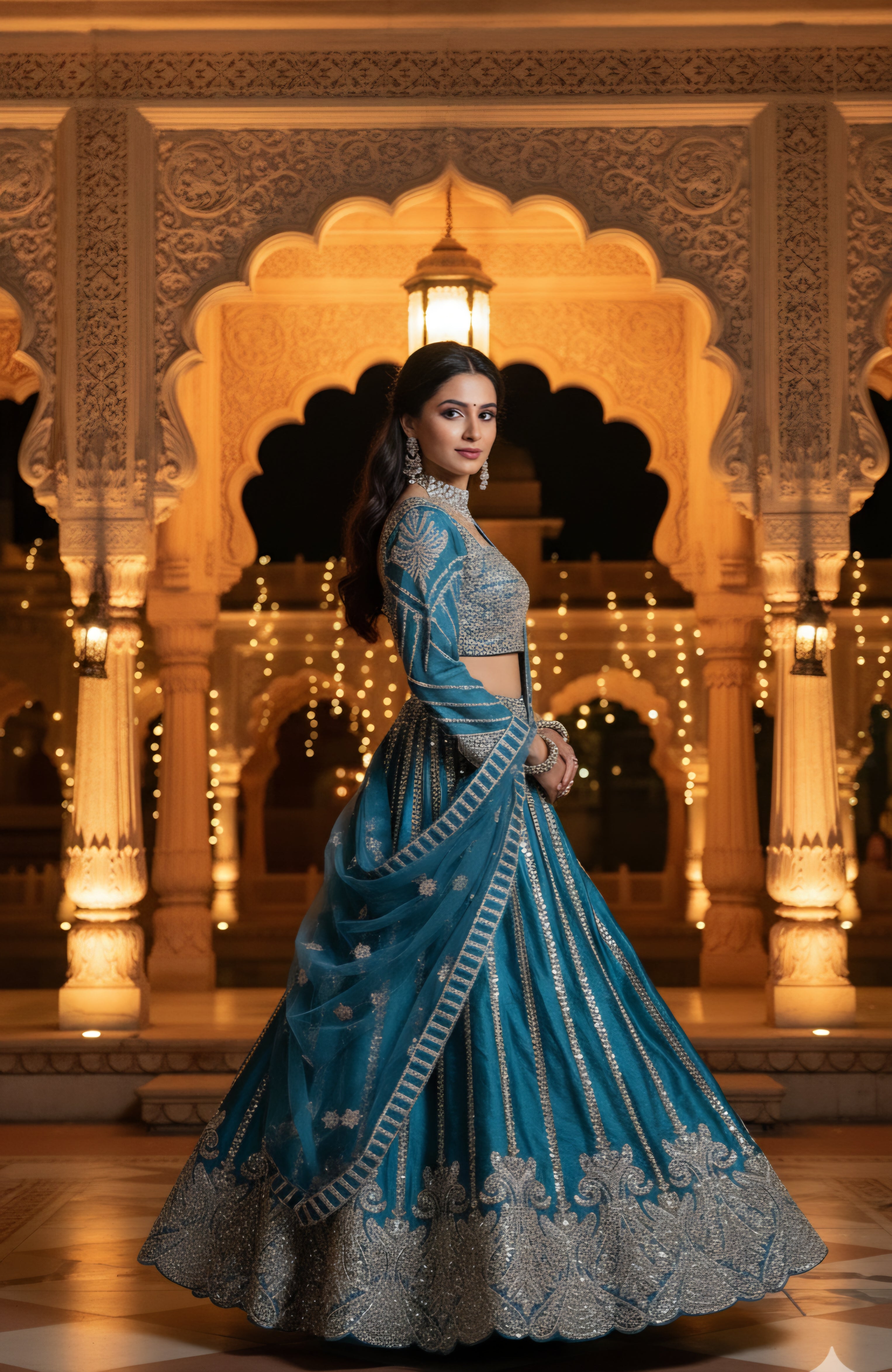 Teal Silver Embroidered Bridal Lehenga Set
