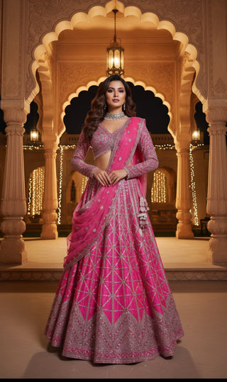 Pink Golden Embroidered Bridal Lehenga Set