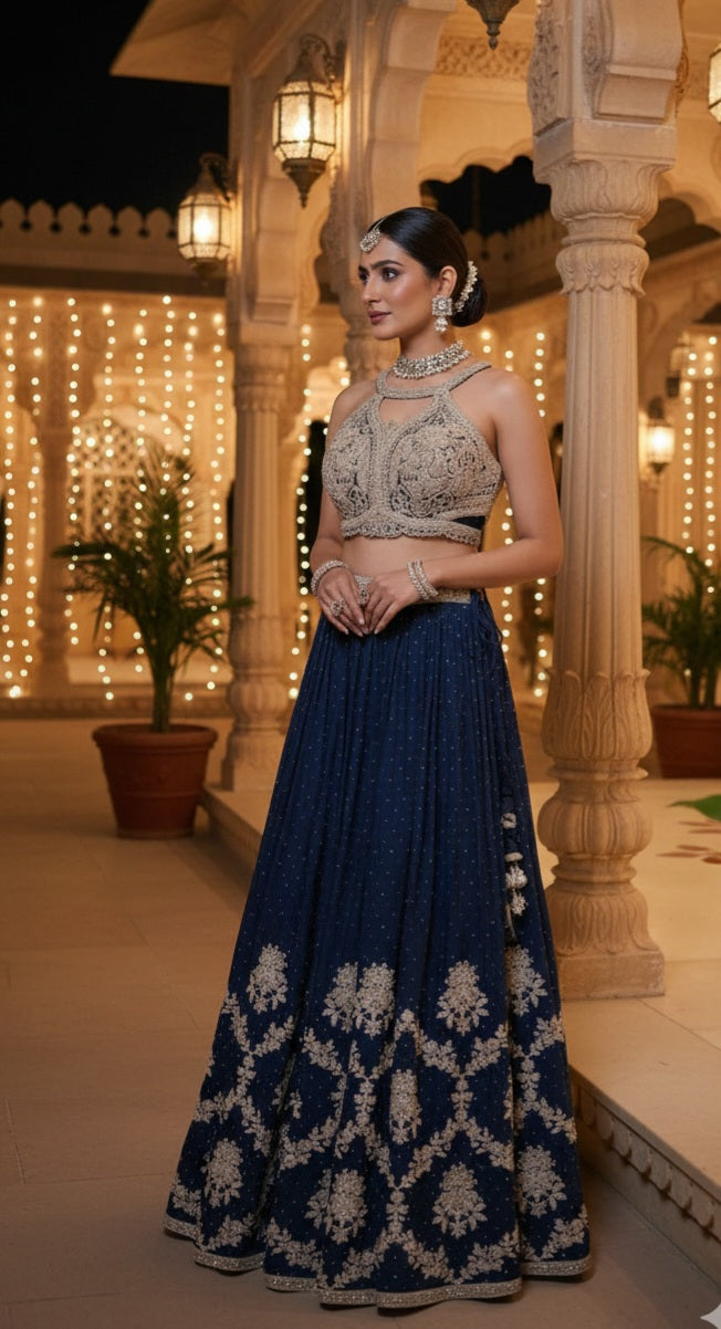 Majestic Navy Blue & Silver Embroidered Lehenga Set