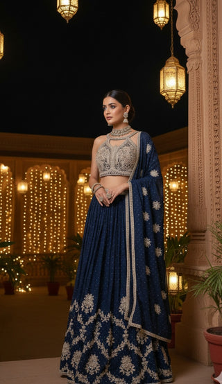 Majestic Navy Blue & Silver Embroidered Lehenga Set