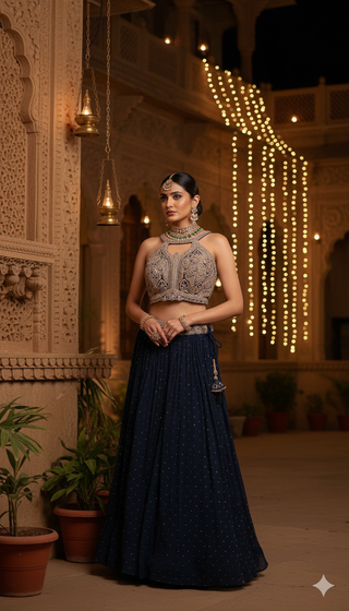 Majestic Navy Blue & Silver Embroidered Lehenga Set