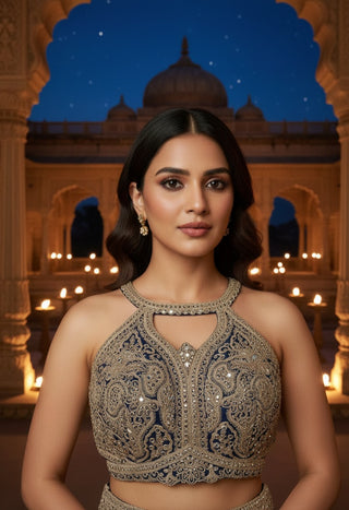 Majestic Navy Blue & Silver Embroidered Lehenga Set