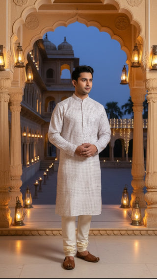 White Textured Kurta Churidar Set