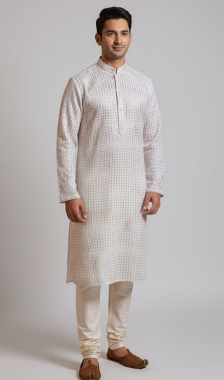 White Textured Kurta Churidar Set