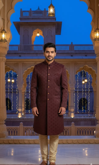 Maroon Embroidered Sherwani with Mandarin Collar for Men