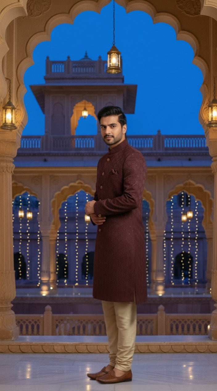 Maroon Embroidered Sherwani with Mandarin Collar for Men
