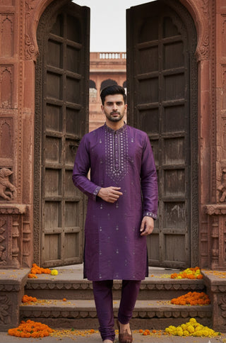 Purple Embroidered Cotton Silk Kurta