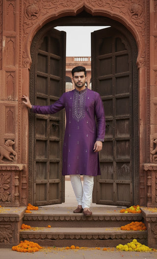 Purple Embroidered Cotton Silk Kurta
