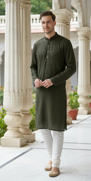 Olive Green Embroidered Chevron Kurta