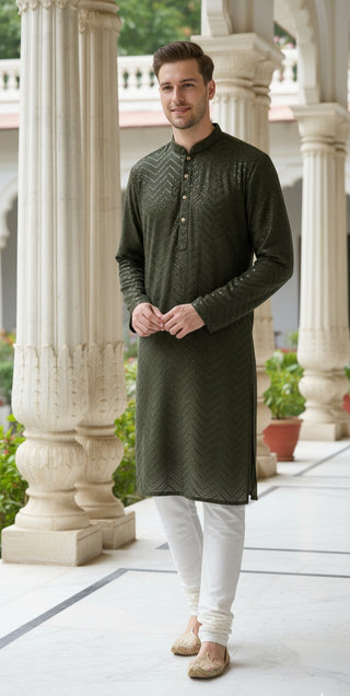 Olive Green Embroidered Chevron Kurta