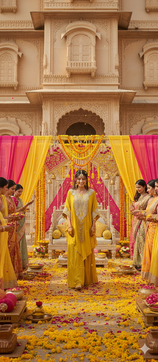 Mustard Yellow Embroidered Kaftan with Palazzo Set