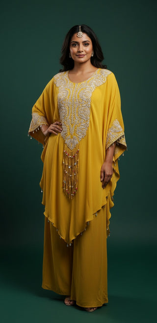 Mustard Yellow Embroidered Kaftan with Palazzo Set