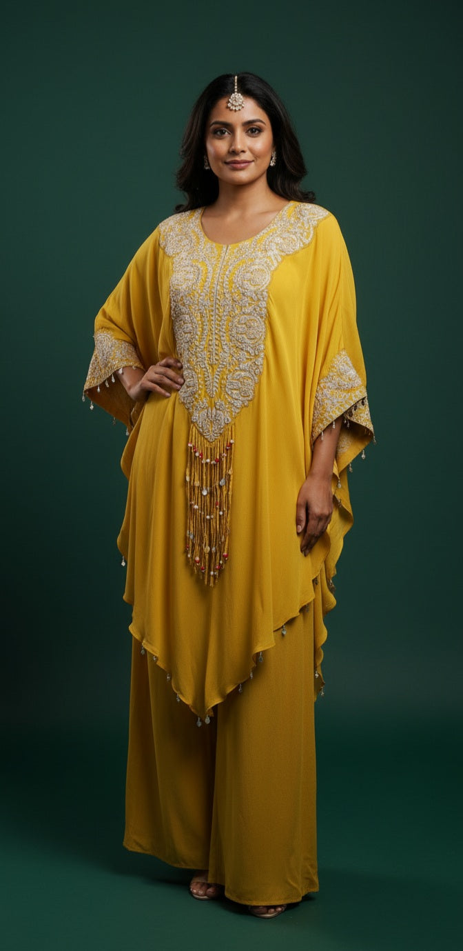 Mustard Yellow Embroidered Kaftan with Palazzo Set