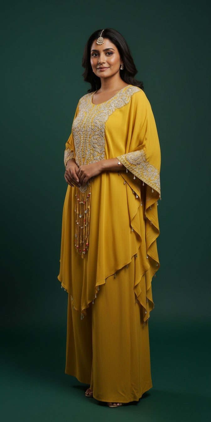 Mustard Yellow Embroidered Kaftan with Palazzo Set