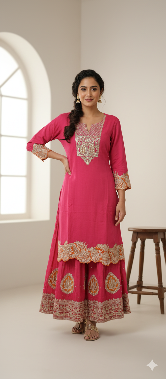 Pink Embroidered Kaftan with Floral Dupatta & Palazzo Set