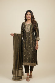 Olive Green Embroidered Kurta with Golden Motifs & Dupatta Set