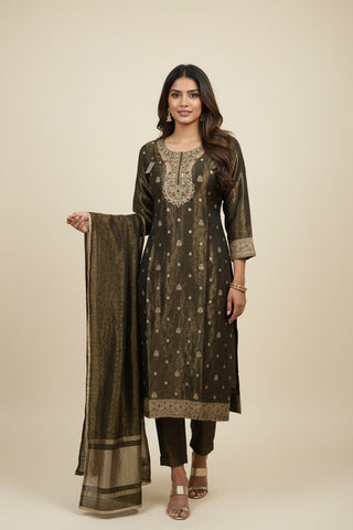 Olive Green Embroidered Kurta with Golden Motifs & Dupatta Set