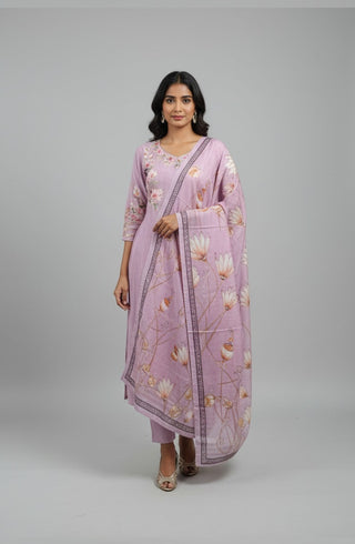 Dusty Pink Floral Embroidered Kurta Set with Dupatta
