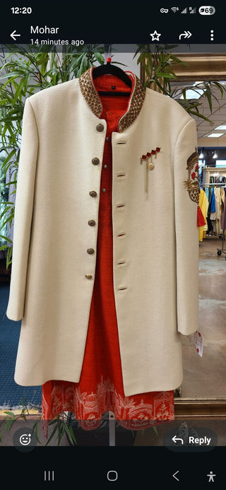 Royal Cream & Red Embroidered Sherwani Set