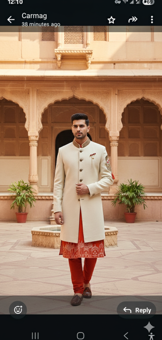 Royal Cream & Red Embroidered Sherwani Set