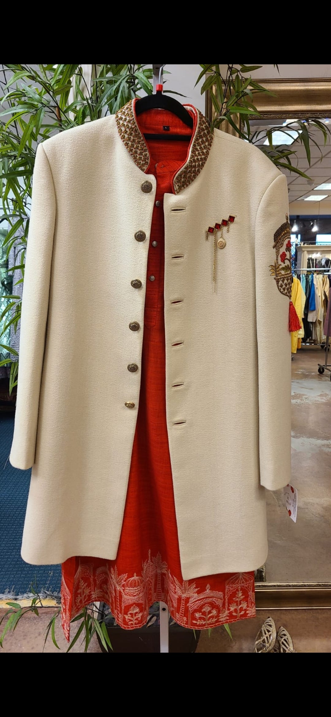 Royal Cream & Red Embroidered Sherwani Set