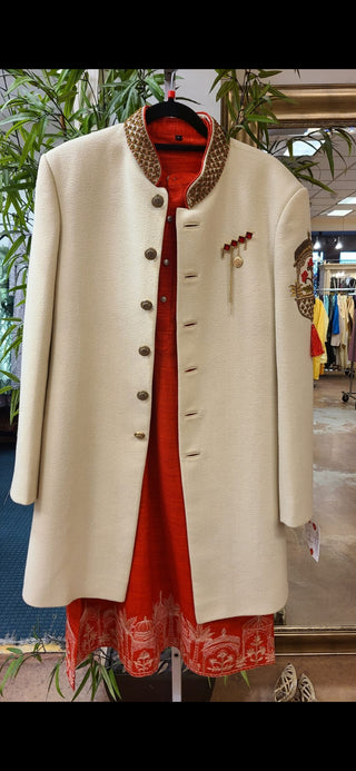Royal Cream & Red Embroidered Sherwani Set