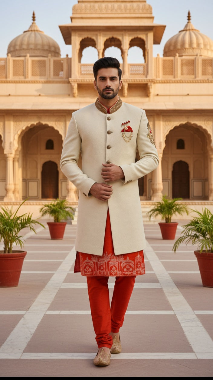 Royal Cream & Red Embroidered Sherwani Set
