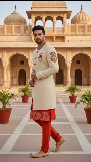 Royal Cream & Red Embroidered Sherwani Set