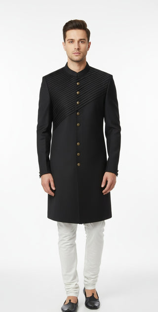 Sophisticated Black Diagonal Pleated Sherwani