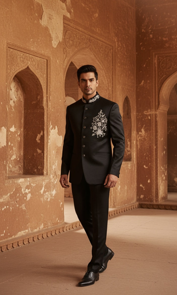 Luxurious Black Embroidered Bandhgala Suit
