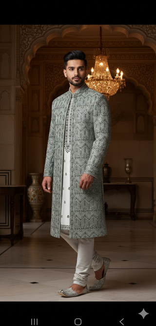 Sage Green Embroidered Sherwani Set