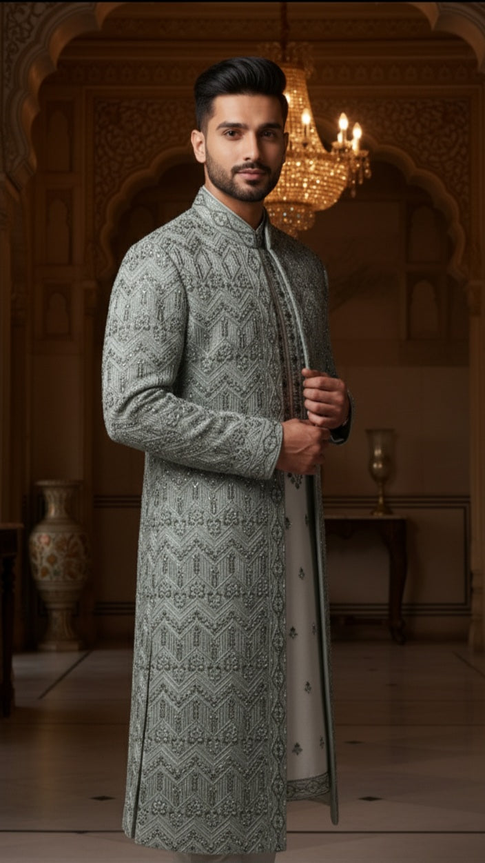 Sage Green Embroidered Sherwani Set