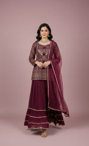 Burgundy Embroidered Lehenga Set with Mirror Work Dupatta
