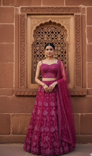 Burgundy Embroidered Net Lehenga Choli Set