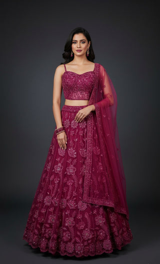 Burgundy Embroidered Net Lehenga Choli Set
