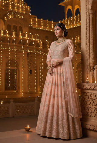 Peach Embroidered Anarkali Gown with Golden Zari Work & Dupatta