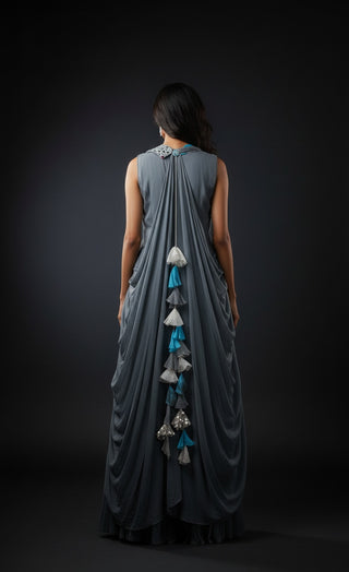 Grey and Teal Contemporary Gown with Sequin Panel