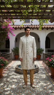 Ivory Embroidered Sherwani with Golden Floral Motifs