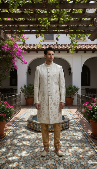 Ivory Embroidered Sherwani with Golden Floral Motifs