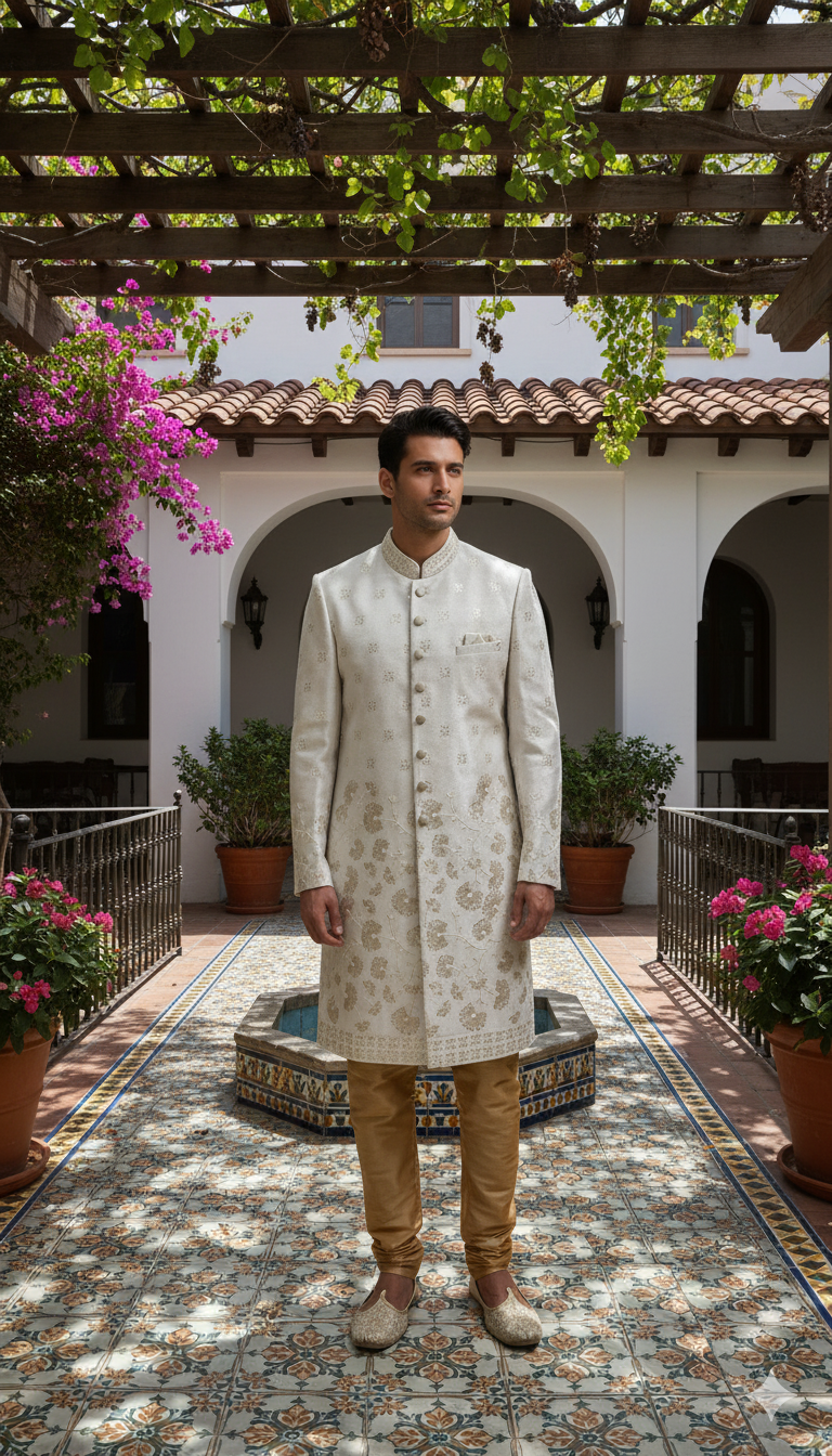 Ivory Embroidered Sherwani with Golden Floral Motifs