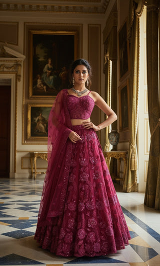 Burgundy Embroidered Net Lehenga Choli Set